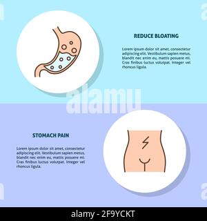 Modèles de prospectus de concept de troubles de l'estomac en ligne avec un emplacement pour le texte. Ballonnements et problèmes de douleur. Illustration de vecteur médical. Illustration de Vecteur
