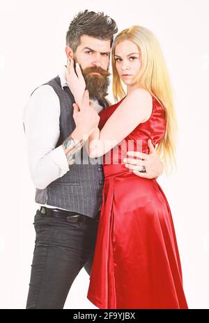 Boxer à barbe et belle dame vêtue pour un concours de danse. Couple amoureux, danseurs passionnés dans des vêtements élégants, fond blanc. Femme Banque D'Images