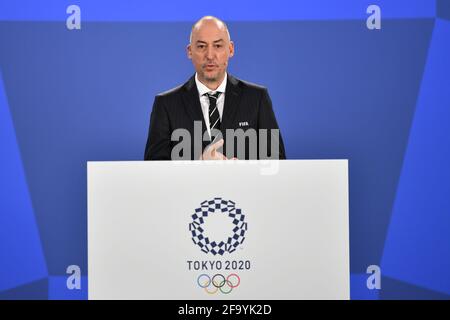 ZURICH, SUISSE - 21 AVRIL : le football olympique de Tokyo 2020 se dessine au domicile de la FIFA le 21 avril 2021 à Zurich, Suisse. (Photo de Harold Cunningham - FIFA via Sipa USA) **usage éditorial seulement**ZURICH, SUISSE - AVRIL 21: Jaime Yarza, directeur de tournois de la FIFA à Tokyo 2020 le football olympique attire au domicile de la FIFA le 21 avril 2021 à Zurich, Suisse. (Photo par Harold Cunningham - FIFA via Sipa USA) **usage éditorial seulement** **crédit obligatoire** Banque D'Images