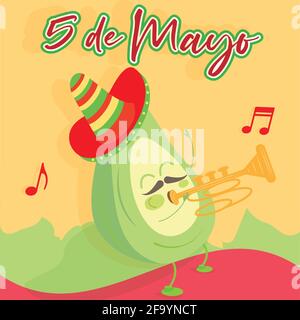 Dessin animé d'un trompettiste mexicain avocat. affiche cinco de mayo - Vector Illustration de Vecteur