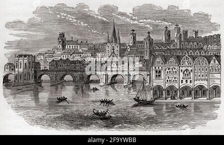 La Custom House avec London Bridge et une partie de Londres, Angleterre, vu ici au 15ème siècle. De l'Histoire du progrès en Grande-Bretagne, publié en 1866. Banque D'Images