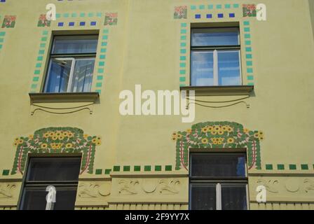 Gros plan, architecture Art Nouveau, maisons d'appartements Koch du bâtiment de la Banque de prêts agricoles, Ljubljana, Slovénie Banque D'Images