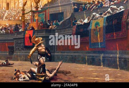 Gladiateurs. Peinture de Jean-Léon Gérame (1824-1904) entitiled 'Pollice Verso', qui montre un gladiateur romain qui se voit donner les pouces vers le bas, huile sur toile, 1872 Banque D'Images