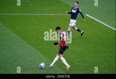 Dominic Solanke, de l'AFC Bournemouth, marque son quatrième but lors du match du championnat Sky Bet à la Den, Millwall. Date de la photo: Mercredi 21 avril 2021. Banque D'Images