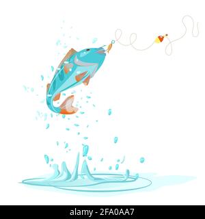Poisson pris sur un crochet avec des éclaboussures et des gouttes d'eau isolées sur un fond blanc. Bar, pêche. Illustration vectorielle dans les dessins animés Illustration de Vecteur