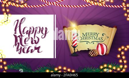 Bonne année, carte postale pourpre pour votre créativité avec bougie de Noël, vieux parchemin, boule de Noël et cône Banque D'Images