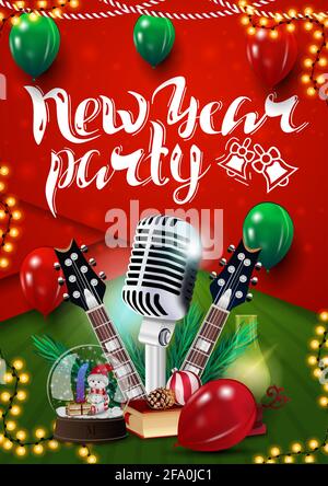 Affiche rouge et verte pour la fête du nouvel an dans le matériel style design avec microphone et guitares Banque D'Images