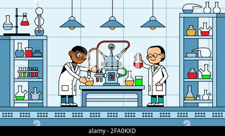 Les chimistes scientifiques font une expérience en laboratoire chimique Illustration de Vecteur