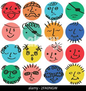 Ronds abstraits de bandes dessinées colorées avec diverses émotions. Illustration de Vecteur