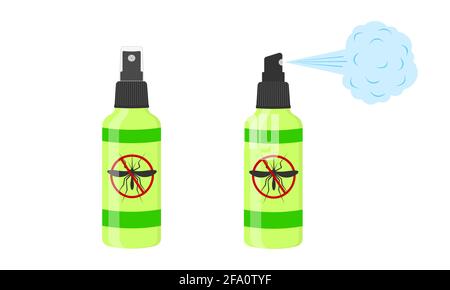 Icônes Mosquito spray. Flacons d'insectes répulsifs avec panneau anti-gnat isolé sur fond blanc. Illustration de dessin animé vectoriel. Illustration de Vecteur