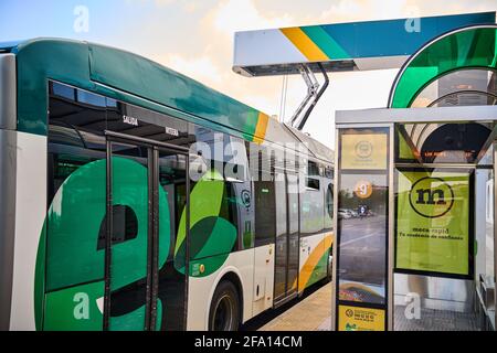 PAMPELUNE, NAVARRE AVRIL 17 2021, chargement de bus électriques dans les installations de l'Université publique de Pampelune Banque D'Images