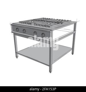 Dessin technique d'une cuisinière de restaurant dans un style architectural. Illustration vectorielle schématique d'un plat à rôtir commercial sur fond blanc Illustration de Vecteur