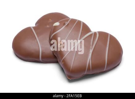 Deux biscuits sablés en forme de coeur trempés au chocolat Cuot Out. Banque D'Images