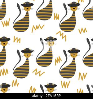 Illustration vectorielle plate avec silhouette de chat mignon. Motif tendance sans couture de style scandinave sur fond blanc. Design pour carte, poster, tissu Illustration de Vecteur