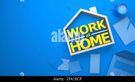 Travail à la maison. Bureau à la maison. Arrière-plan bleu, espace de copie pour le texte. rendu 3d. Banque D'Images