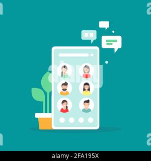Séminaire en ligne, cours en ligne, concept de travail d'équipe à distance. Apprenez et étudiez par téléconférence ou par vidéo. Avatars de personnes sur l'écran du téléphone. Bacille Vector Flat Illustration de Vecteur