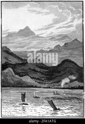 Gravure des chaînes Owen-Stanley en Nouvelle-Guinée, depuis la mer, vers 1890 Banque D'Images