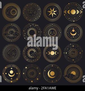 Cercle magique de soleil et de lune. Ensemble de symboles d'illustration vectoriels sacrés dorés ornés de cadres circulaires, de soleil, de lune et de nuages. Éléments mystiques du ciel de nuit Illustration de Vecteur