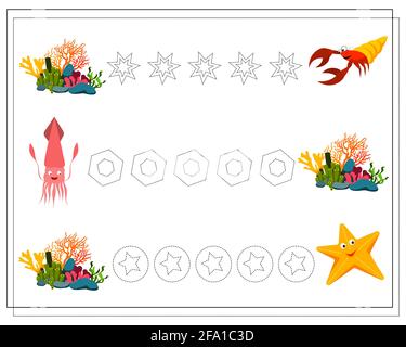 Feuille de pratique d'écriture manuscrite. Jeux éducatifs pour enfants, restauration de la ligne pointillée. animaux de mer, crabe, calmar, étoile de mer, corail. Vecteur isolé sur blanc Illustration de Vecteur