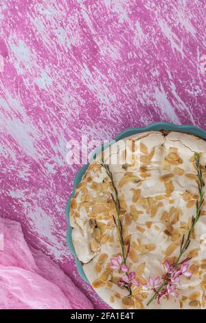 Délicieux gâteau à la rhubarbe maison recouvert de meringue douce et d'amandes grillées sur fond rose, vue verticale sur le dessus avec espace pour les copies. Banque D'Images