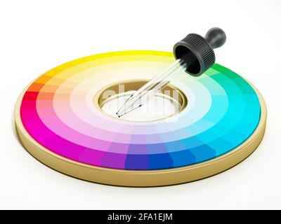 Sélecteur de couleurs et roue de couleurs isolés sur fond blanc. Illustration 3D. Banque D'Images