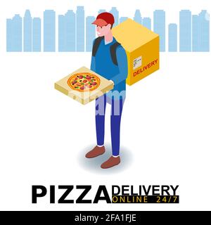 Isometry Pizza livreur homme avec paquet pizza fast food. Commande de service en ligne, suivi de smartphone. Illustration vectorielle isolée plate Illustration de Vecteur
