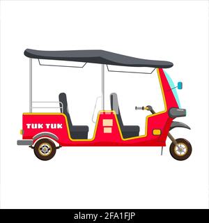 Tuk Tuk Asian auto rickshaw tricycle à trois roues rouge. Thaïlande, pays indiens taxi bébé. Illustration vectorielle style de dessin animé isolé Illustration de Vecteur