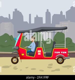 Tuk Tuk tricycle asiatique à trois roues avec chauffeur local. Arrière-plan ville urbaine rue Thaïlande, pays indiens bébé taxi. Vecteur Illustration de Vecteur