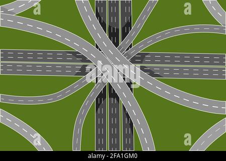 Jonction de route et ponts vue de dessus isolée sur fond vert. Vue aérienne de l'autoroute.intersections et passages supérieurs vides.Illustration vectorielle de stock Illustration de Vecteur