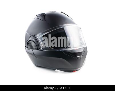 Casque de moto modulaire noir isolé sur fond blanc. Banque D'Images