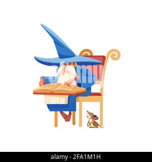 Assistant de lecture d'un livre orthographique. Ancien personnage magicien médiéval étudiant un vieux livre sur une chaise. L'alchimiste se trouve à côté d'une souris d'ami fidèle Illustration de Vecteur
