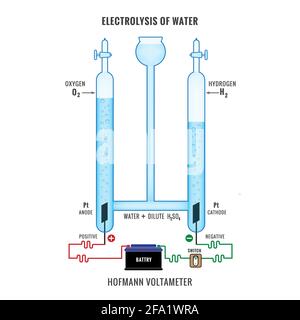 Électrolyse de l'eau. Diagramme étiqueté pour montrer l'électrolyse de l'eau acidifiée formant de l'hydrogène et des gaz d'oxygène. Électrolyse de l'eau à Hofmann Illustration de Vecteur