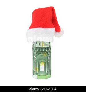 Billets en euros roulés dans le chapeau du Père Noël. Concept de cadeau de Noël. Gros plan, isolé sur fond blanc. Banque D'Images