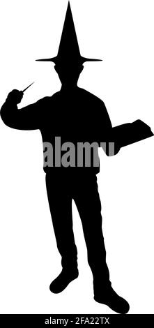 Silhouette Wizard contient le livre de magie baguette magique et le concept de sorcery magicien sorcier fantaisie personne warlock homme en robe avec magique bâton Illustration de Vecteur