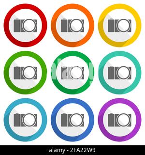 Appareil photo sans miroir, icônes vectorielles photographiques, jeu de boutons plats colorés pour la conception Web et les applications mobiles Illustration de Vecteur