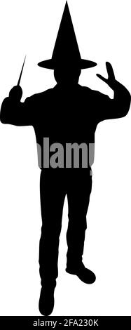 Silhouette Wizard contient la baguette magique astuce agitant sorcery concept magicien sorcerer fantasy personne warlock homme en robe avec bâton magique sorcellerie Illustration de Vecteur