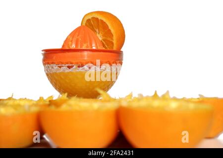 Orange (Citrus sinensis), presse-agrumes Banque D'Images