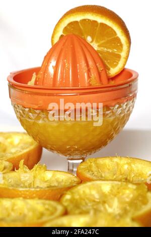 Orange (Citrus sinensis), presse-agrumes Banque D'Images