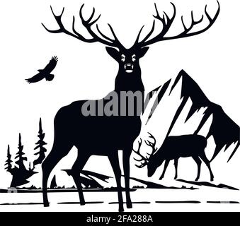 Cerf - pochoirs de faune - Silhouette de cerf, falaise de faune isolée sur blanc Illustration de Vecteur