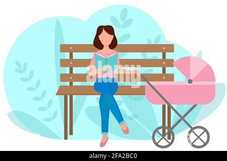 Faites une promenade avec une poussette. La fille est assise sur un banc et lit un livre. Maman dans le parc avec son enfant. Maman et bébé à l'extérieur. Vecteur, concept. Illustration de Vecteur