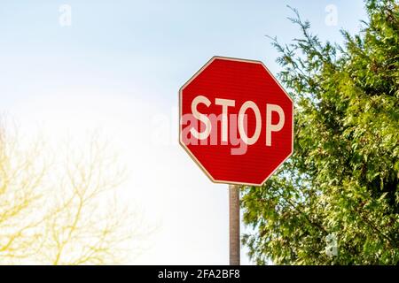 Un panneau stop rouge avec lumière du soleil du matin. Arrêtez-vous et laissez place Banque D'Images