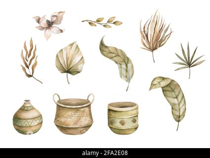 Collection de fleurs sauvages et de fleurs de jardin et vases isolés sur fond blanc. Motif bohémien. Ensemble d'éléments décoratifs à motif fleuri Banque D'Images