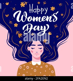 Bonne journée des femmes. Lettrage vectoriel. Fille avec cheveux longs avec texte. Main dessinés cheveux longs belle fille. Illustration vectorielle moderne. Modèle pour cartes, messages d'accueil, prospectus, bannières. Illustration de Vecteur