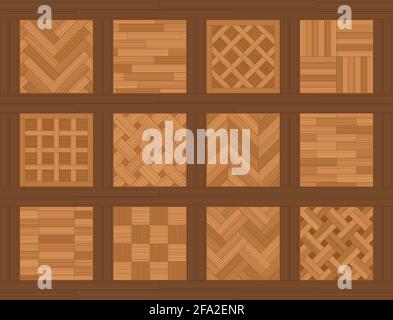 Échantillons de parquet. Diagramme avec des modèles parquétriques courants, les modèles et types les plus familiers, douze plaques de plancher en bois. Banque D'Images