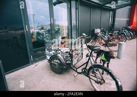 Copenhague, Danemark - 6 juin 2014. Deux chiens à une voiturette à vélo attendent le propriétaire près du centre commercial Fisketorvet. Banque D'Images