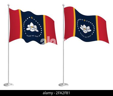 Drapeau de l'État américain du Mississippi sur le mât en agitant sous le vent. Élément de design des fêtes. Point de contrôle pour les symboles de carte. Vecteur isolé sur le backgro blanc Illustration de Vecteur