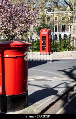 Boîte téléphonique rouge britannique, boîte postale et cerisiers en fleurs Banque D'Images