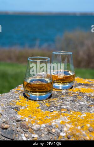 Dégustation d'un single malt et d'un whisky écossais mélangé avec vue sur la mer bleue, l'océan ou la rivière, visites privées du whisky en Écosse, Royaume-Uni Banque D'Images