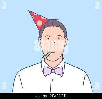 Célébration du nouvel an, concept d'ambiance festive. Joyeux sourire le soir du nouvel an célébrant l'homme avec un chapeau lors de la fête. Illustration de Vecteur