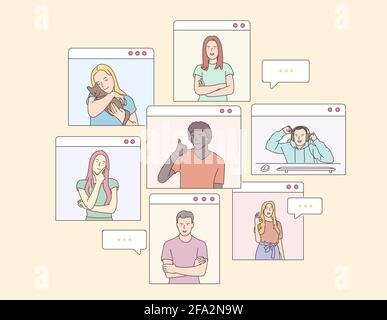 Concept de visioconférence et de communication Web. Réunion d'équipe en ligne. Les hommes et les femmes souriants travaillent à distance et ont une discussion virtuelle d'entreprise. Illustration de Vecteur